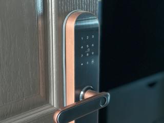 Modern smart lock on front door offering enhanced security
