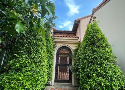 Elegant house entrance with brick walkway and lush greenery