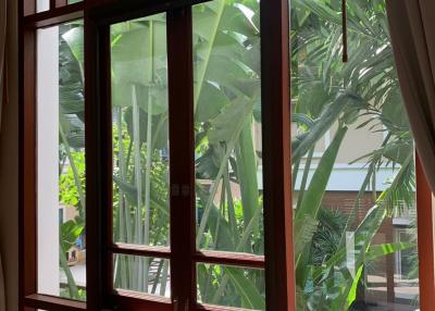 Large window with garden view in a well-lit room