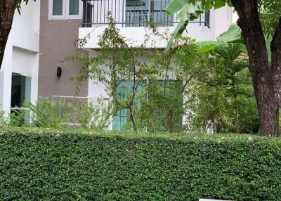 Exterior view of a modern residential building with lush greenery