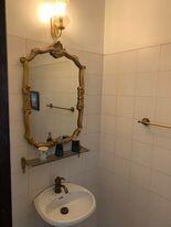 Compact bathroom with a white pedestal sink and ornate mirror