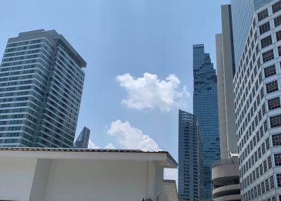 City skyline view from a building terrace with surrounding skyscrapers