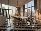 Elegant dining room with large windows and city view