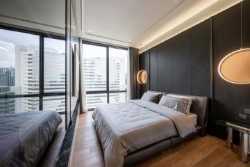 Modern bedroom interior with large windows and city view