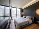 Modern bedroom interior with large windows and city view