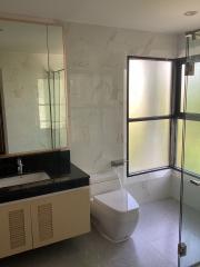 Modern bathroom with glass shower enclosure, toilet, and vanity area