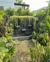 Lush green garden with a decorative water feature