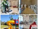 Collage of various spaces including lobby, laundry room, office space and playground