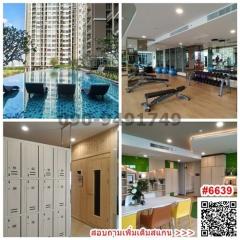 Collage of different spaces including a swimming pool, gym, locker area, and dining space in a residential complex