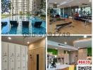 Collage of different spaces including a swimming pool, gym, locker area, and dining space in a residential complex