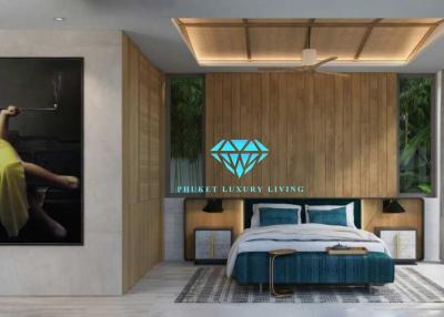 Stylish modern bedroom with a large bed and artwork