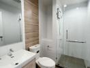 Modern bathroom with walk-in shower and wooden accents