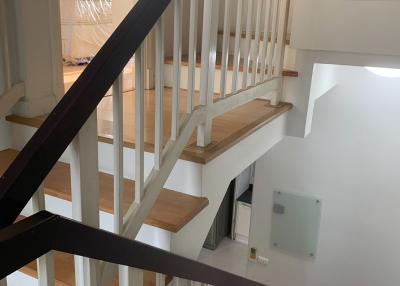 Wooden staircase with white bannister inside a home