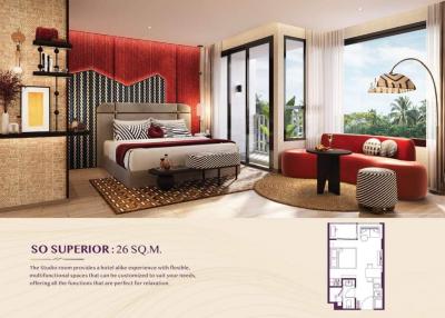 Elegantly designed bedroom with red and black decor and a modern aesthetic