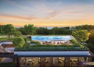 Luxurious rooftop pool with seating area and garden at dusk