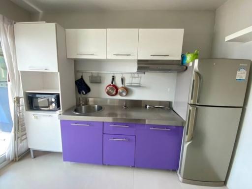 Compact modern kitchen with purple cabinetry and stainless steel appliances