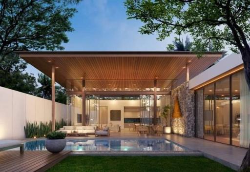 Modern backyard with swimming pool and lounge area by the house