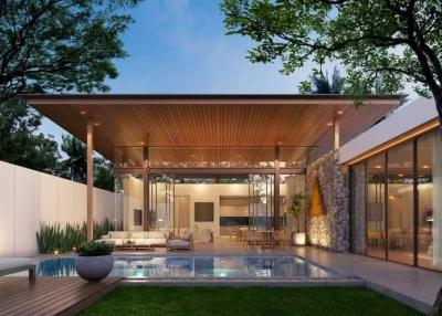 Modern backyard with swimming pool and lounge area by the house