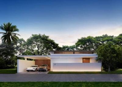 Modern single-story house with garage and lush greenery