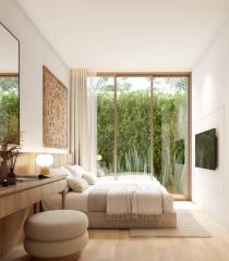 Bright and airy bedroom with large windows and garden view