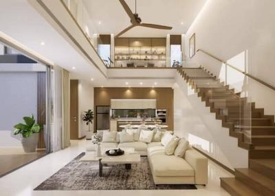 Spacious and modern living room with high ceiling and open staircase