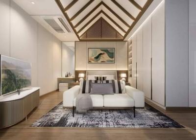 Modern spacious bedroom with decorative ceiling and ambient lighting