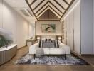 Modern spacious bedroom with decorative ceiling and ambient lighting