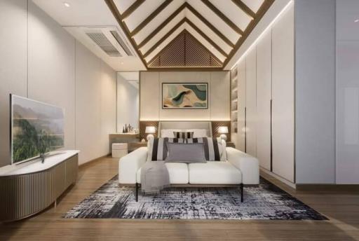 Modern spacious bedroom with decorative ceiling and ambient lighting