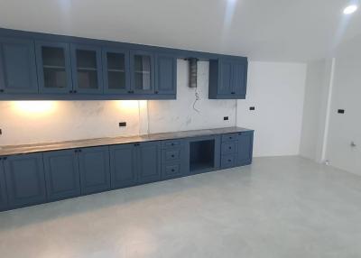Modern kitchen with blue cabinets and clean design