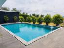 Private swimming pool with surrounding garden and clear skies