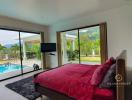 Spacious Bedroom with Pool View and Ample Natural Light
