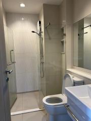 Modern bathroom interior with glass shower cubicle and white ceramic fixtures