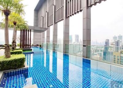 Modern rooftop swimming pool overlooking the city skyline