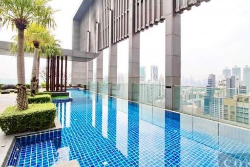 Modern rooftop swimming pool overlooking the city skyline