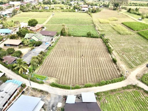 Aerial view of farmland with surrounding greenery and buildings