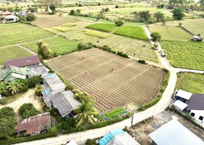 Aerial view of expansive agricultural land with surrounding buildings