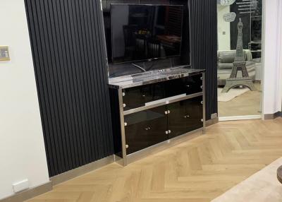 Contemporary living room with sleek black entertainment center