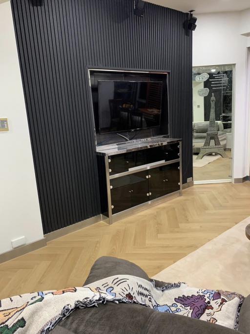 Contemporary living room with sleek black entertainment center