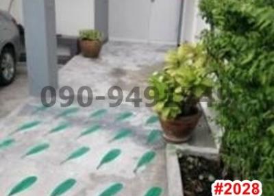 Blurry image of a residential exterior pathway leading to a white door with potted plants