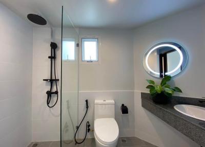 Modern bathroom with walk-in shower, toilet, and vanity