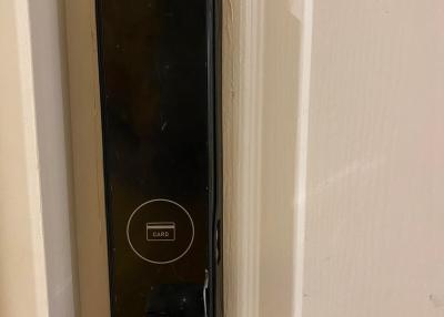 Modern Samsung digital door lock on a white door