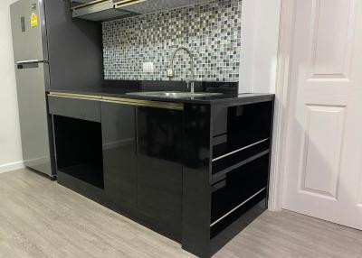 Modern kitchen interior with black cabinetry and mosaic backsplash