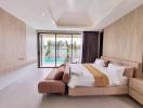 Spacious modern bedroom with direct pool access