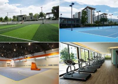 Collage of various amenities including sports fields, gym, and apartment building