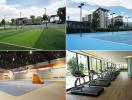 Collage of various amenities including sports fields, gym, and apartment building