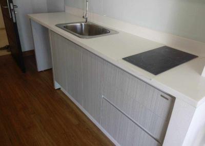 Modern kitchen with stainless steel sink and built-in stovetop