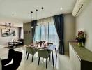 Modern dining area with stylish decor and city view