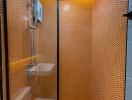 Modern bathroom with orange wall tiles and glass shower enclosure