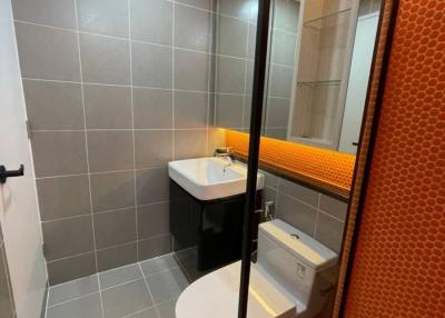 Modern bathroom interior with grey tiles and orange accents