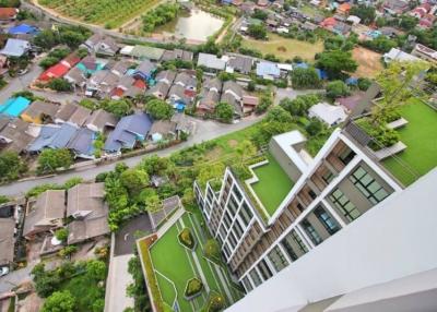 Aerial view of residential building with green rooftop